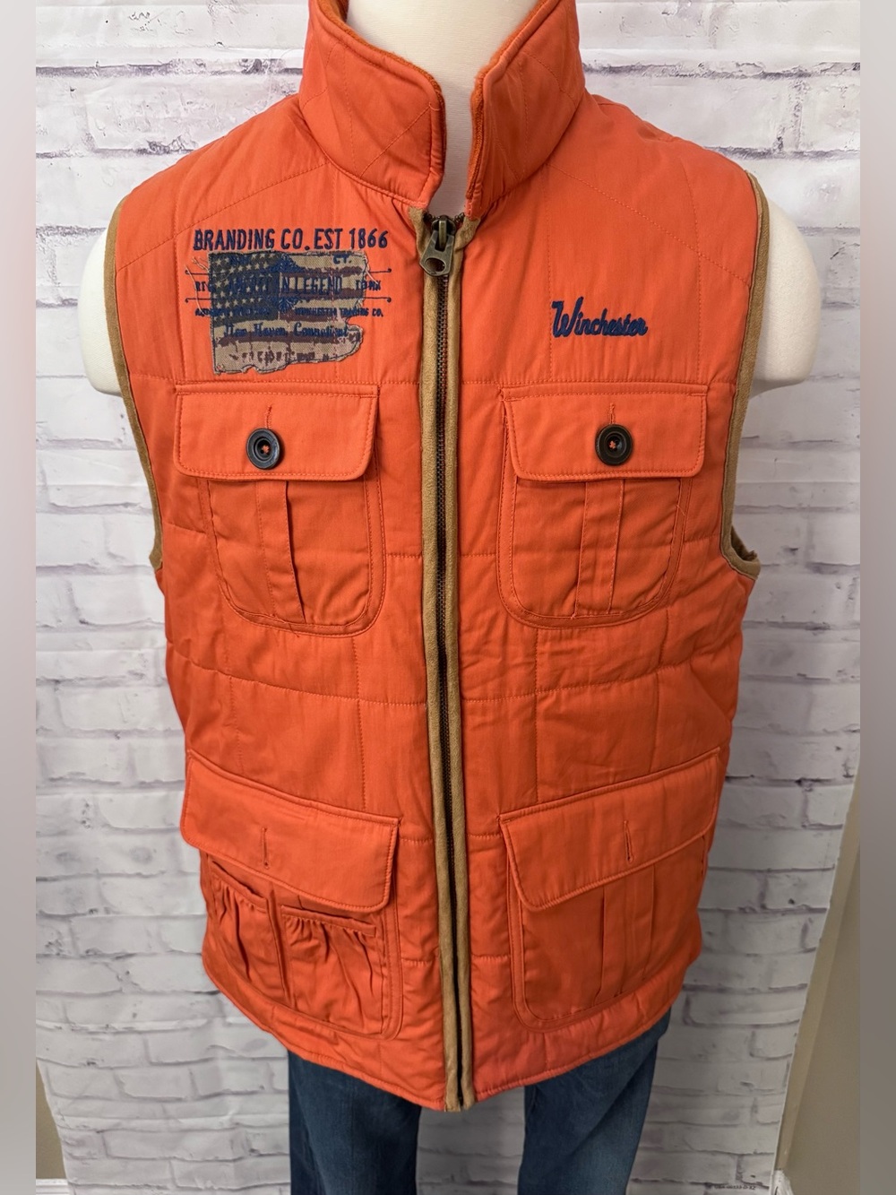 Winchester Orange Hunting Fishing Winter Vest Men’s 2XL USA Flag Preppy